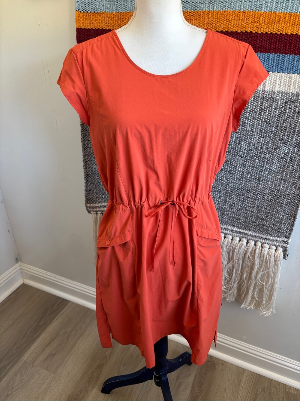 Women's Orange Midi Drawstring-Pocket Dress